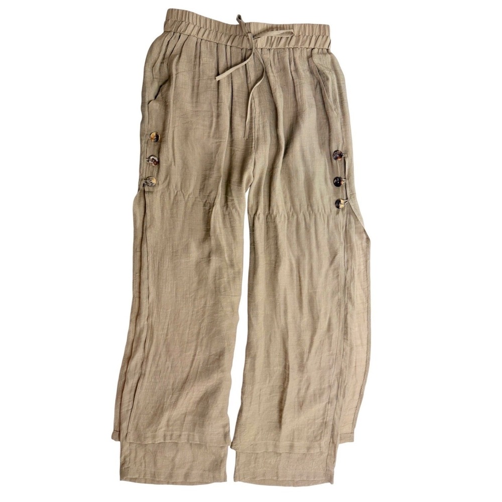 Ania.A Tan Wide Leg Flowy Pants Womens Medium Elastic Waist Side Slit Button‎